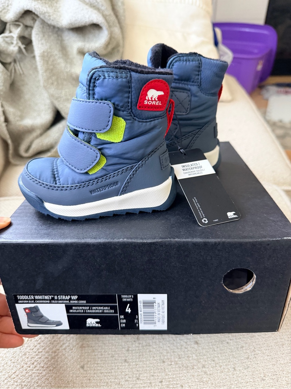 Sorel Whitney Toddler Waterproof Boot in Blue with Red and Lime Accents